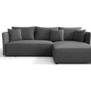 Hoekbank MILANO rechts donkergrijs ribfluweel Poso 60 – slaapfunctie, bedkist Hoekbank MILANO rechts donkergrijs ribfluweel Poso 60 – slaapfunctie, bedkist