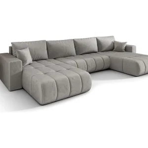 Hoekbank LARA PREMIUM U-vorm lichtgrijs velours Monolith 84 – slaapfunctie, bedkist