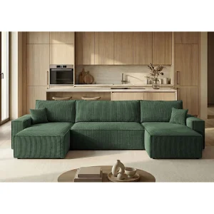 Hoekbank CALIFORNIA MINI U-vorm groen ribfluweel Poso 14 – slaapfunctie, bedkist Hoekbank CALIFORNIA MINI U-vorm groen ribfluweel Poso 14 – slaapfunctie, bedkist