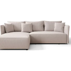 Hoekbank MILANO links wit ribfluweel Poso 100 – slaapfunctie, bedkist Hoekbank MILANO links wit ribfluweel Poso 100 – slaapfunctie, bedkist