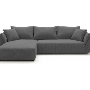Hoekbank SYDNEY links grijs ribfluweel Poso 55 – slaapfunctie, bedkist Hoekbank SYDNEY links grijs ribfluweel Poso 55 – slaapfunctie, bedkist