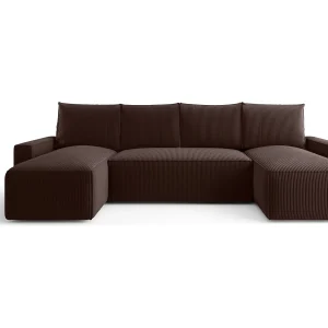 Hoekbank HAVANA U-vorm bruin ribfluweel Poso 6 – slaapfunctie, bedkist