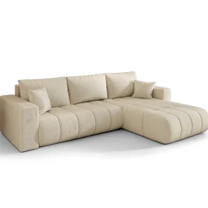 Hoekbank LARA PREMIUM rechts beige velours Monolith 2 – slaapfunctie, bedkist