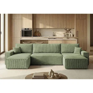 Hoekbank CALIFORNIA MINI U-vorm lichtgroen ribfluweel Poso 47 – slaapfunctie, bedkist Hoekbank CALIFORNIA MINI U-vorm lichtgroen ribfluweel Poso 47 – slaapfunctie, bedkist