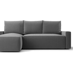 Hoekbank HAVANA links donkergrijs ribfluweel Poso 60 – slaapfunctie, bedkist