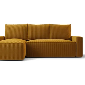 Hoekbank HAVANA links Pomaranczowy ribfluweel Poso 1 – slaapfunctie, bedkist
