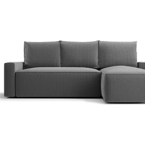 Hoekbank HAVANA rechts donkergrijs ribfluweel Poso 60 – slaapfunctie, bedkist