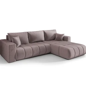 Hoekbank LARA PREMIUM rechts donkerroze velours Monolith 62 – slaapfunctie, bedkist