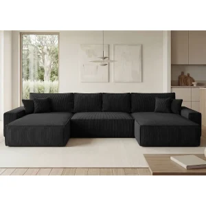 Hoekbank CALIFORNIA U-vorm zwart ribfluweel POSO 135 – slaapfunctie, bedkist Hoekbank CALIFORNIA U-vorm zwart ribfluweel POSO 135 – slaapfunctie, bedkist