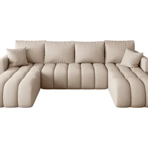 Hoekbank GARDA U-vorm lichtbeige gebreid Aragon 3 – slaapfunctie, bedkist