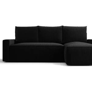 Hoekbank HAVANA rechts zwart ribfluweel Poso 135 – slaapfunctie, bedkist