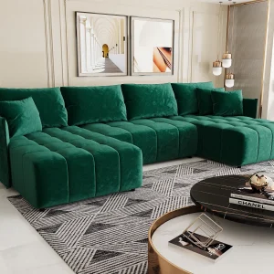 Hoekbank CHICAGO U-vorm groen velours Monolith 37 – slaapfunctie, bedkist