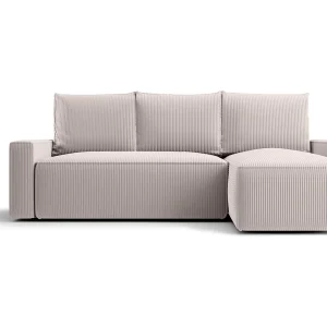 Hoekbank HAVANA rechts wit ribfluweel Poso 100 – slaapfunctie, bedkist