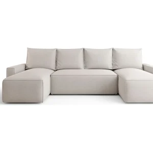 Hoekbank HAVANA U-vorm lichtbeige gebreid Curio 2 – slaapfunctie, bedkist