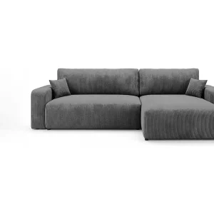 Hoekbank BERLIN rechts donkergrijs ribfluweel Poso 60 – slaapfunctie, bedkist