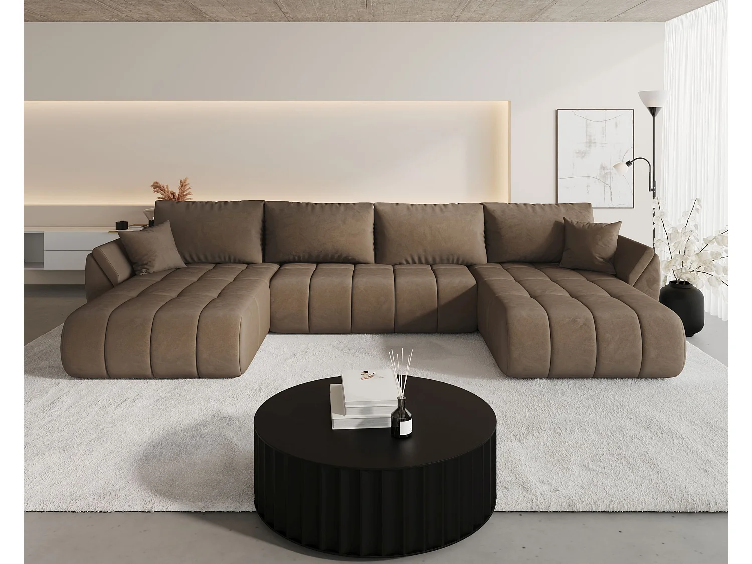 Hoekbank SYDNEY PREMIUM U-vorm bruin velours Monolith 9 - slaapfunctie, bedkist