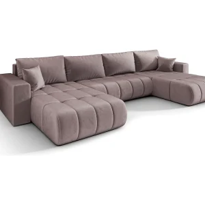 Hoekbank LARA PREMIUM U-vorm donkerroze velours Monolith 62 – slaapfunctie, bedkist