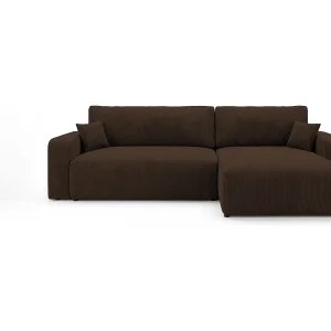 Hoekbank BERLIN rechts bruin ribfluweel Poso 6 – slaapfunctie, bedkist
