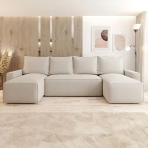Hoekbank HAVANA U-vorm beige gebreid Curio 9 – slaapfunctie, bedkist
