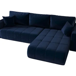 Hoekbank LARA rechts donkerblauw velours Monolith 77 – slaapfunctie, bedkist