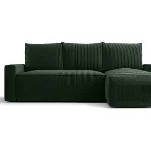 Hoekbank HAVANA rechts groen ribfluweel Poso 14 – slaapfunctie, bedkist