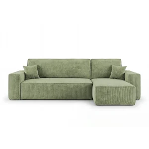 Hoekbank CALIFORNIA MINI rechts lichtgroen ribfluweel Poso 47 – slaapfunctie, bedkist