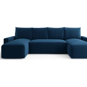 Hoekbank HAVANA U-vorm donkerblauw ribfluweel Poso 5 – slaapfunctie, bedkist