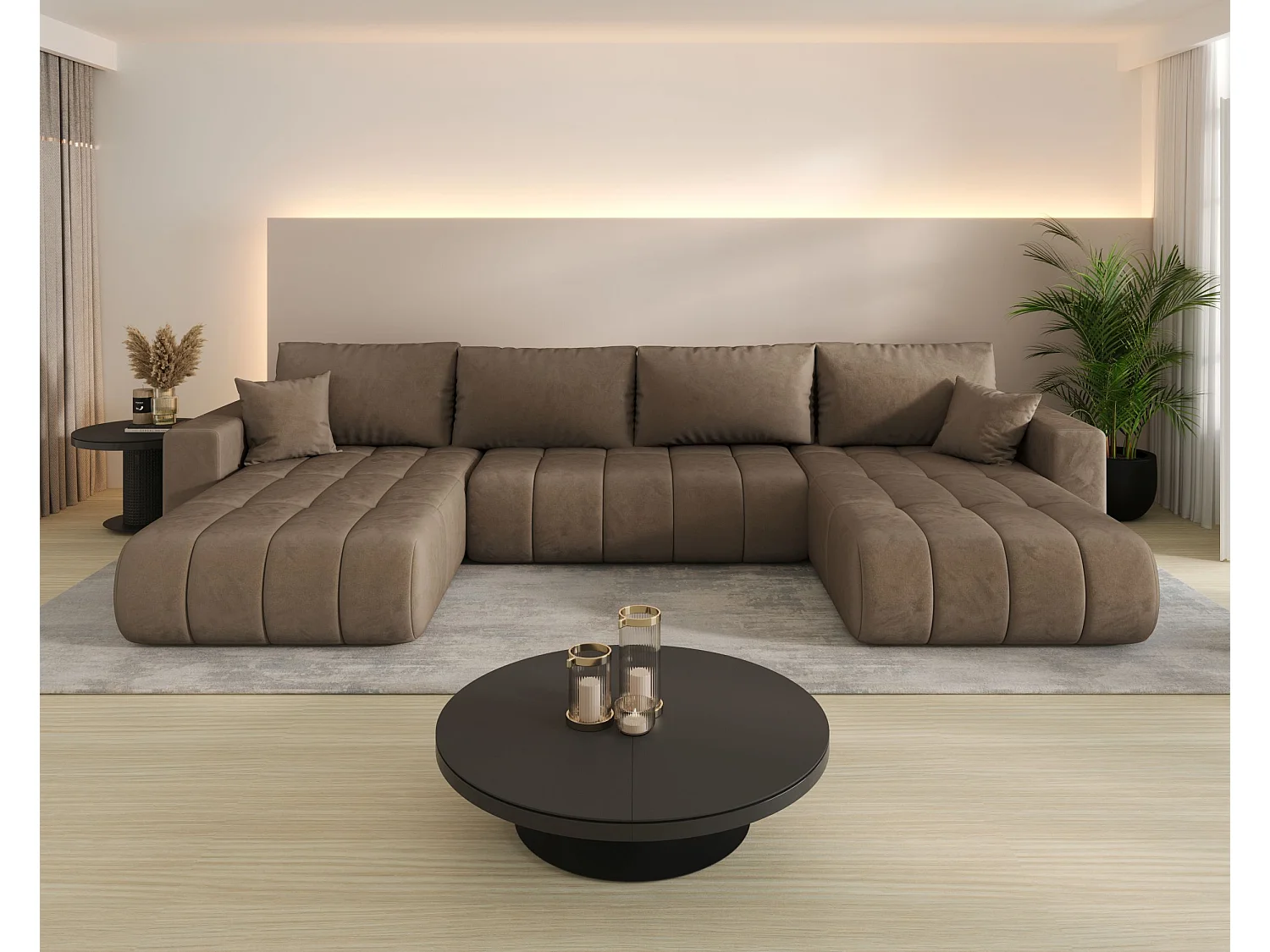 Hoekbank LARA PREMIUM U-vorm bruin velours Monolith 9 - slaapfunctie, bedkist