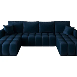 Hoekbank GARDA U-vorm donkerblauw velours Monolith 77 – slaapfunctie, bedkist