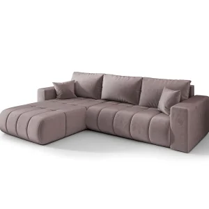 Hoekbank LARA PREMIUM links donkerroze velours Monolith 62 – slaapfunctie, bedkist