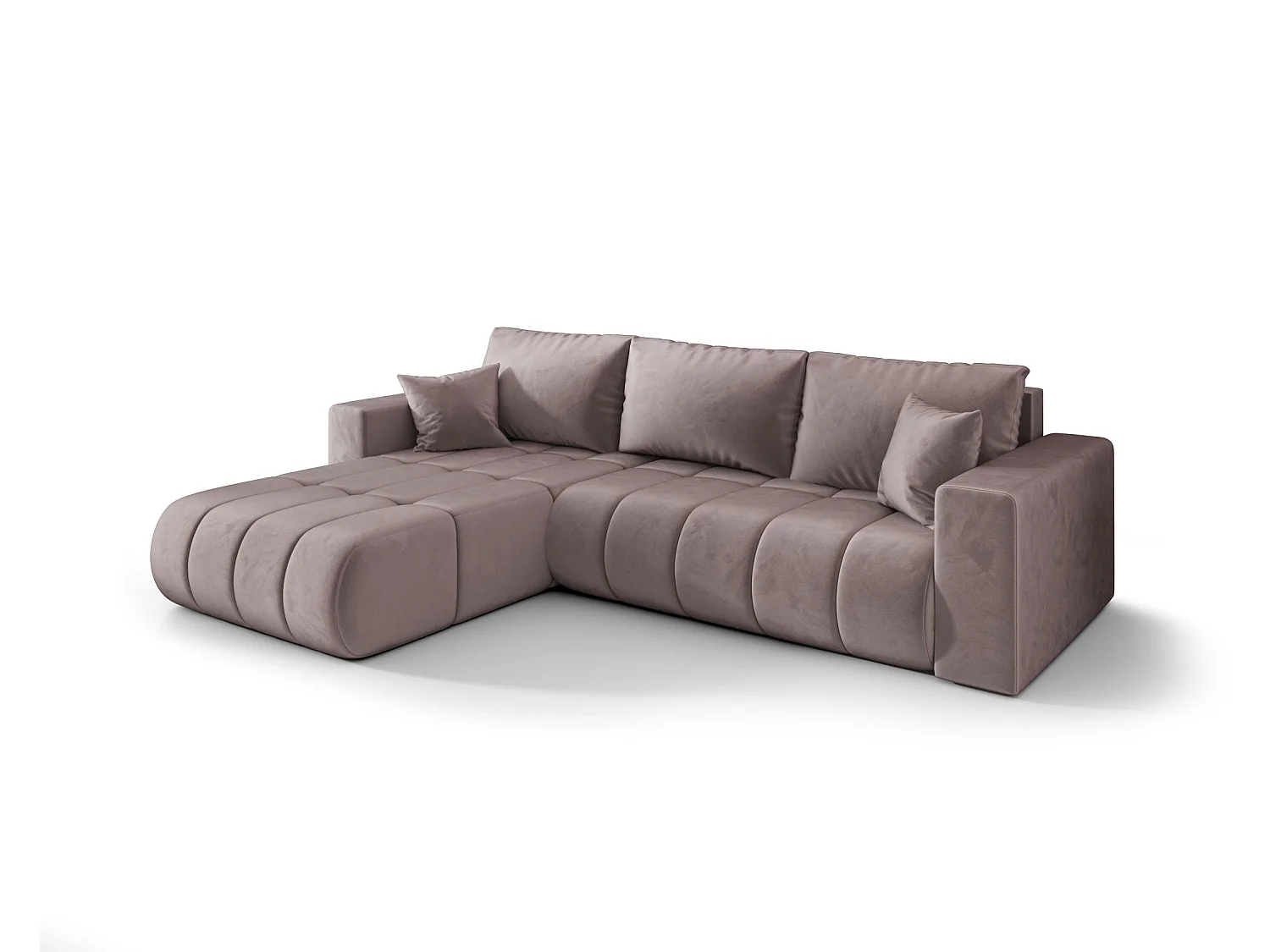 Hoekbank LARA PREMIUM links donkerroze velours Monolith 62 - slaapfunctie, bedkist