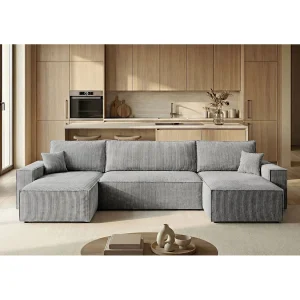 Hoekbank CALIFORNIA MINI U-vorm grijs ribfluweel Poso 55 – slaapfunctie, bedkist