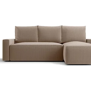 Hoekbank HAVANA rechts lichtbruin ribfluweel Poso 2 – slaapfunctie, bedkist