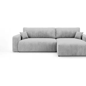 Hoekbank BERLIN rechts grijs ribfluweel Poso 55 – slaapfunctie, bedkist