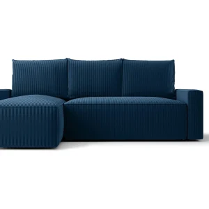 Hoekbank HAVANA links donkerblauw ribfluweel Poso 5 – slaapfunctie, bedkist