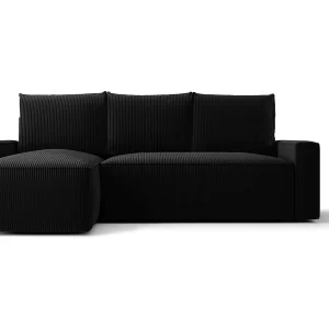 Hoekbank HAVANA links zwart ribfluweel Poso 135 – slaapfunctie, bedkist