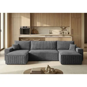 Hoekbank CALIFORNIA MINI U-vorm donkergrijs ribfluweel Poso 60 – slaapfunctie, bedkist