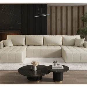 Hoekbank LARA U-vorm beige velours Monolith 2 – slaapfunctie, bedkist