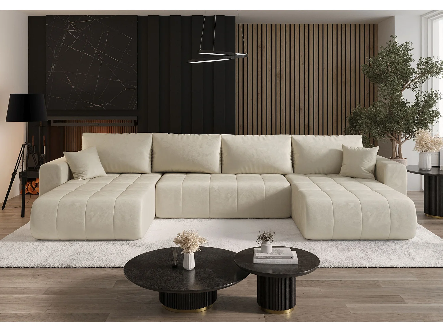Hoekbank LARA U-vorm beige velours Monolith 2 - slaapfunctie, bedkist