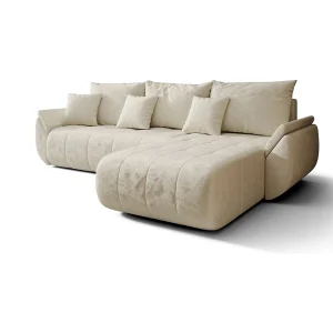Hoekbank SYDNEY rechts beige velours Monolith 2 – slaapfunctie, bedkist Hoekbank SYDNEY rechts beige velours Monolith 2 – slaapfunctie, bedkist