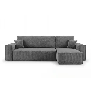 Hoekbank CALIFORNIA MINI rechts donkergrijs ribfluweel Poso 60 – slaapfunctie, bedkist