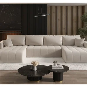 Hoekbank LARA U-vorm lichtbeige gebreid Wind 5 – slaapfunctie, bedkist