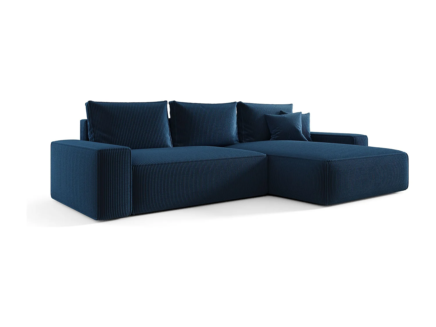 Hoekbank CALIFORNIA rechts donkerblauw ribfluweel Poso 5 - slaapfunctie, bedkist