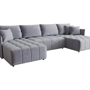 Hoekbank CHICAGO U-vorm blauw velours Monolith 70 – slaapfunctie, bedkist