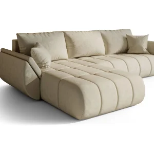 Hoekbank SYDNEY PREMIUM links beige velours Monolith 2 – slaapfunctie, bedkist