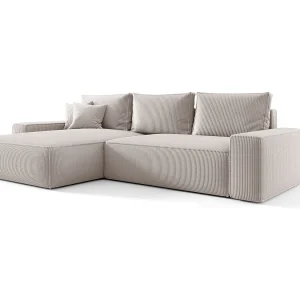 Hoekbank CALIFORNIA links wit ribfluweel Poso 100 – slaapfunctie, bedkist