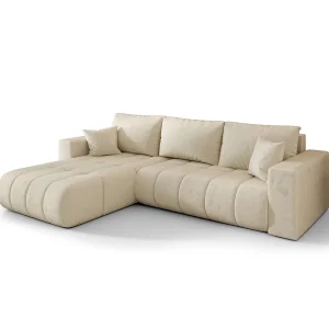 Hoekbank LARA PREMIUM links beige velours Monolith 2 – slaapfunctie, bedkist Hoekbank LARA PREMIUM links beige velours Monolith 2 – slaapfunctie, bedkist