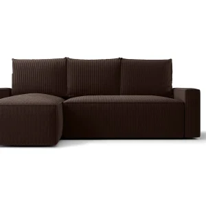 Hoekbank HAVANA links bruin ribfluweel Poso 6 – slaapfunctie, bedkist