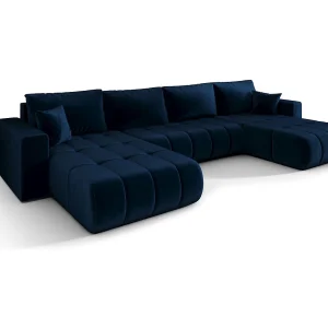 Hoekbank LARA PREMIUM U-vorm donkerblauw velours Monolith 77 – slaapfunctie, bedkist