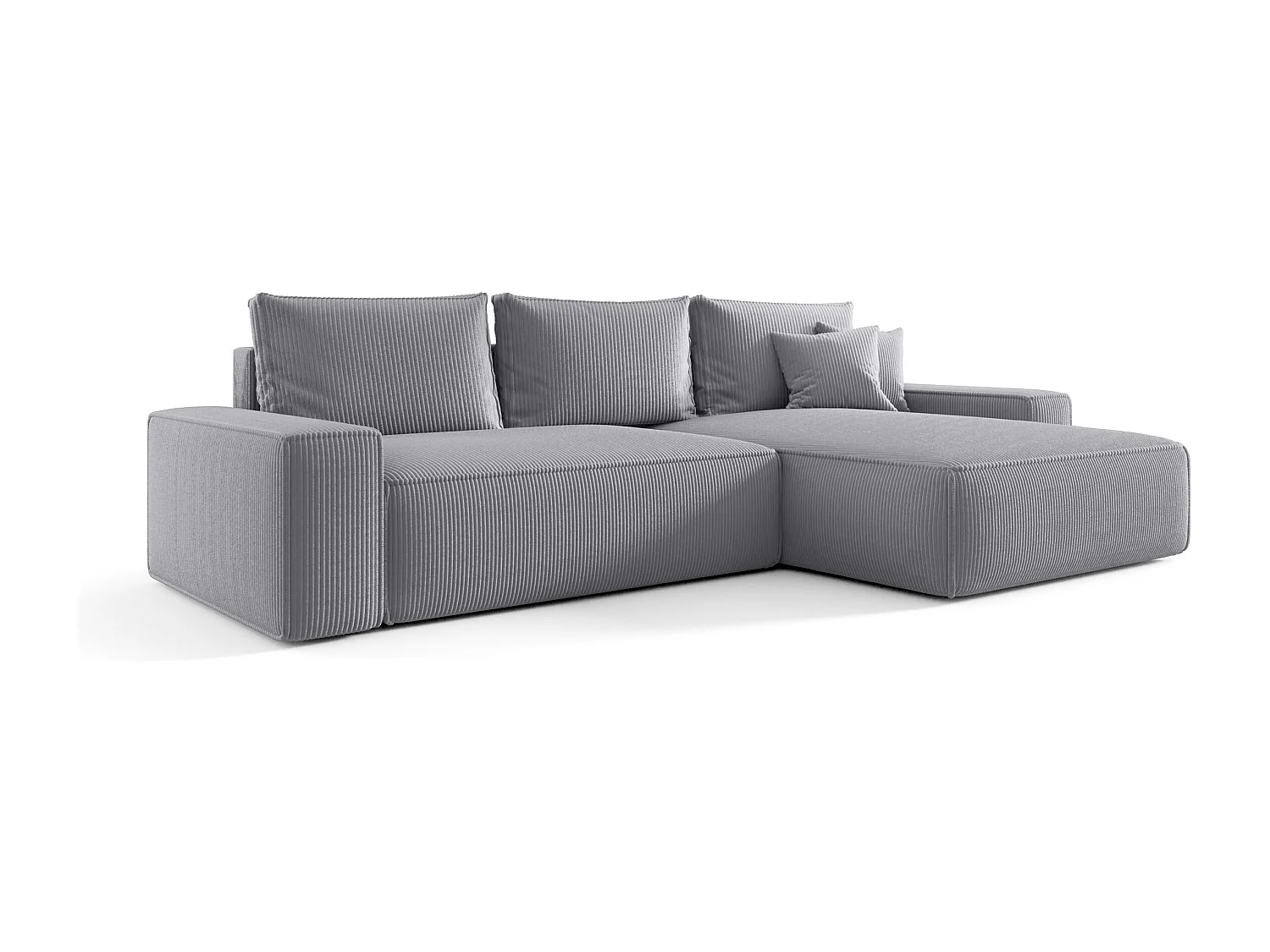Hoekbank CALIFORNIA rechts grijs ribfluweel Poso 55 - slaapfunctie, bedkist